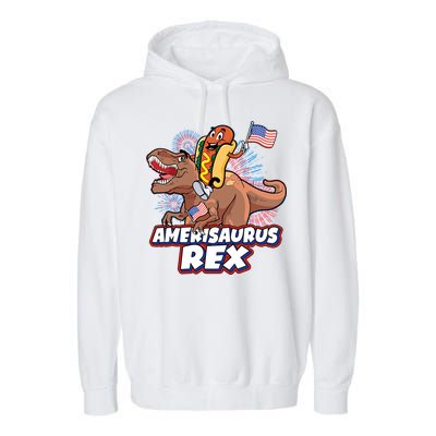 Funny Hotdog Riding Amerisaurus Rex Dinosaur Garment-Dyed Fleece Hoodie
