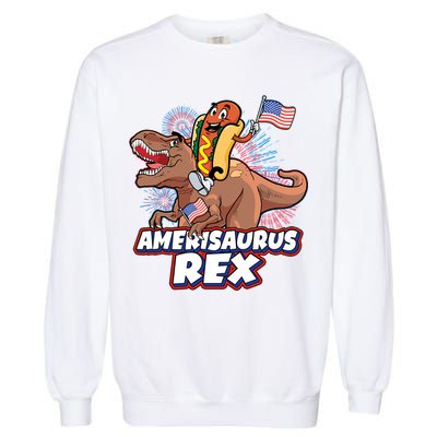 Funny Hotdog Riding Amerisaurus Rex Dinosaur Garment-Dyed Sweatshirt