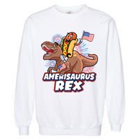 Funny Hotdog Riding Amerisaurus Rex Dinosaur Garment-Dyed Sweatshirt