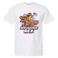 Funny Hotdog Riding Amerisaurus Rex Dinosaur Garment-Dyed Heavyweight T-Shirt