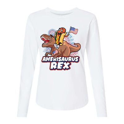 Funny Hotdog Riding Amerisaurus Rex Dinosaur Womens Cotton Relaxed Long Sleeve T-Shirt