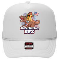 Funny Hotdog Riding Amerisaurus Rex Dinosaur High Crown Mesh Back Trucker Hat