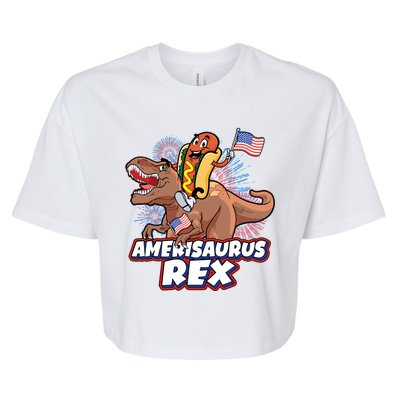 Funny Hotdog Riding Amerisaurus Rex Dinosaur Bella+Canvas Jersey Crop Tee