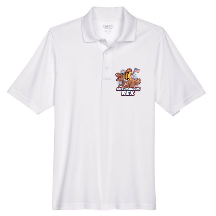 Funny Hotdog Riding Amerisaurus Rex Dinosaur Men's Origin Performance Piqué Polo