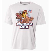 Funny Hotdog Riding Amerisaurus Rex Dinosaur Cooling Performance Crew T-Shirt