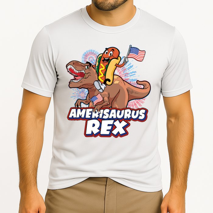 Funny Hotdog Riding Amerisaurus Rex Dinosaur Performance Shirt