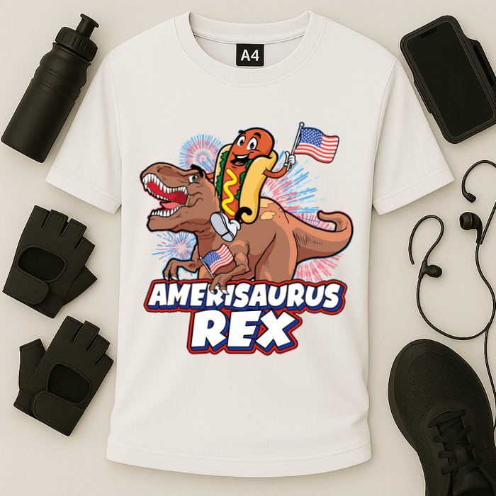 Funny Hotdog Riding Amerisaurus Rex Dinosaur Performance Shirt