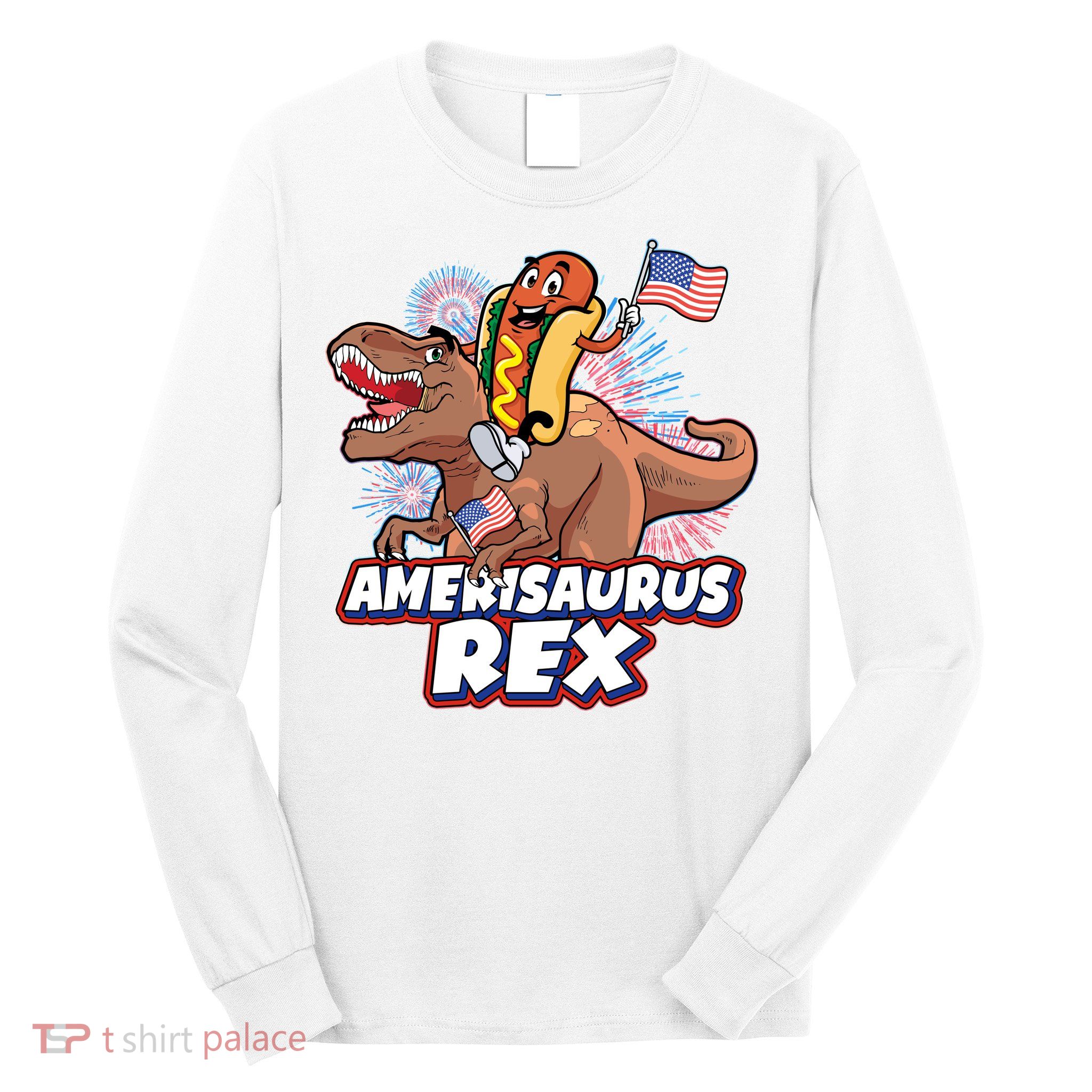 Funny Hotdog Riding Amerisaurus Rex Dinosaur Long Sleeve Shirt