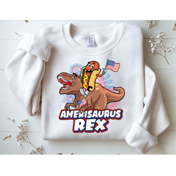 Funny Hotdog Riding Amerisaurus Rex Dinosaur Sweatshirt