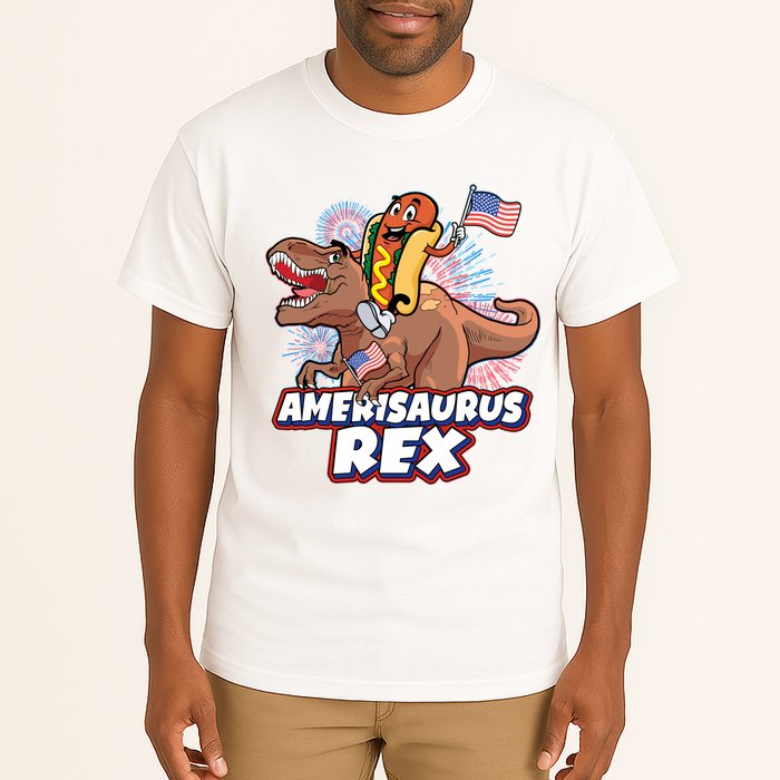 Funny Hotdog Riding Amerisaurus Rex Dinosaur Tall T-Shirt