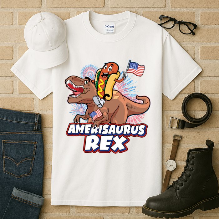Funny Hotdog Riding Amerisaurus Rex Dinosaur Tall T-Shirt