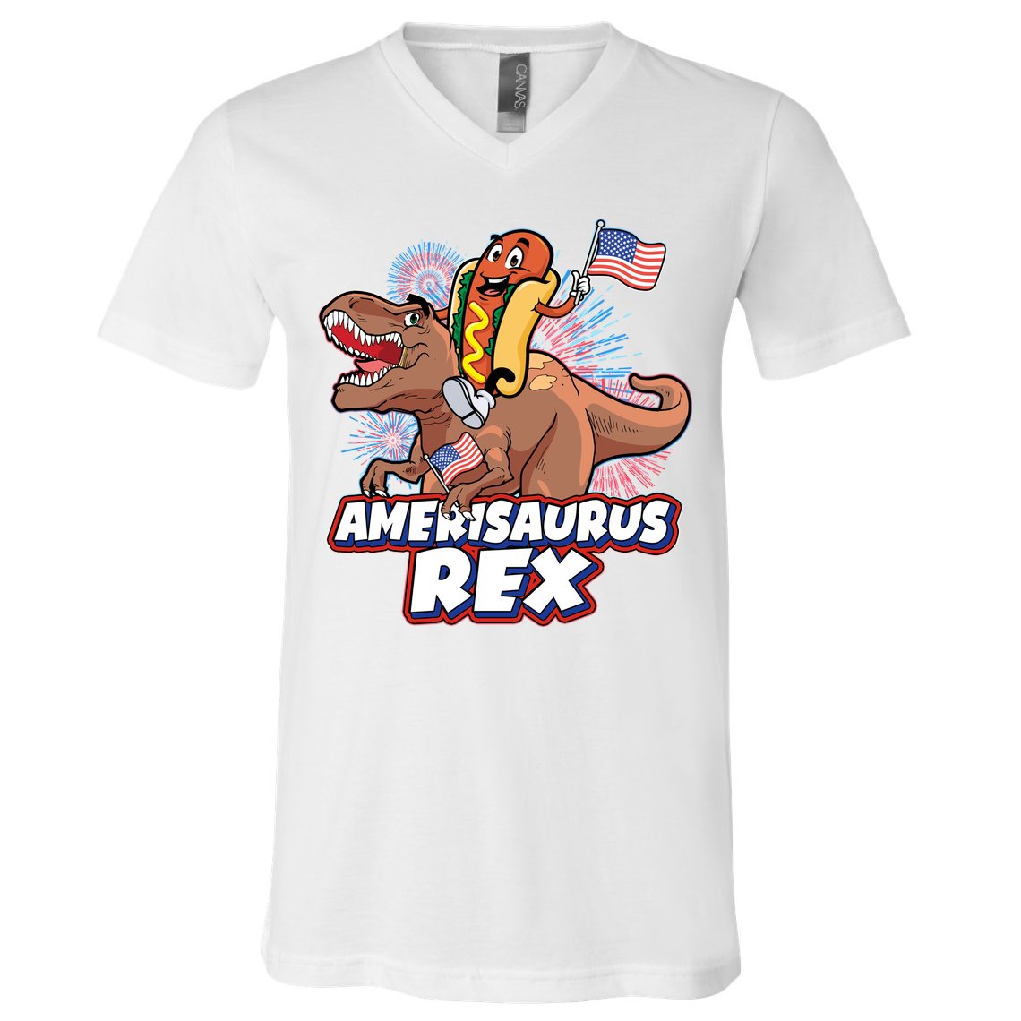 Funny Hotdog Riding Amerisaurus Rex Dinosaur V-Neck T-Shirt