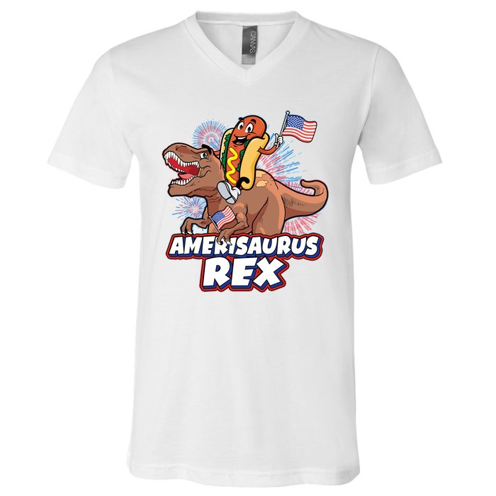 Funny Hotdog Riding Amerisaurus Rex Dinosaur V-Neck T-Shirt