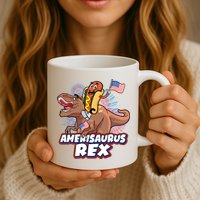 Funny Hotdog Riding Amerisaurus Rex Dinosaur Mug