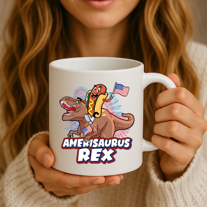 Funny Hotdog Riding Amerisaurus Rex Dinosaur Mug