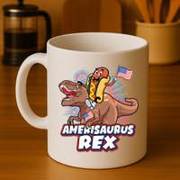 Funny Hotdog Riding Amerisaurus Rex Dinosaur Mug