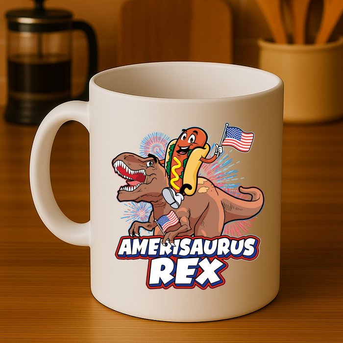 Funny Hotdog Riding Amerisaurus Rex Dinosaur Mug
