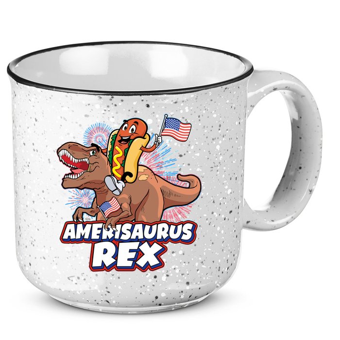 Funny Hotdog Riding Amerisaurus Rex Dinosaur 15oz Campfire Ceramic Mug