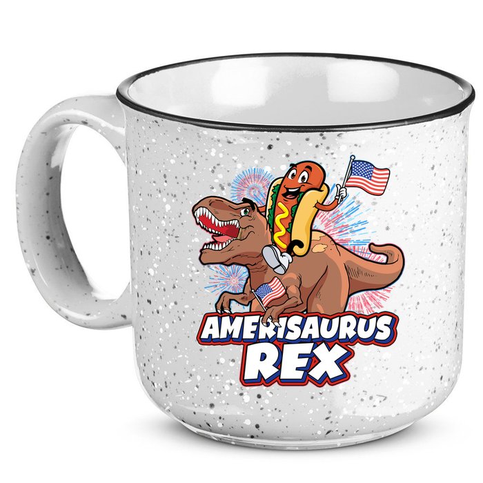 Funny Hotdog Riding Amerisaurus Rex Dinosaur 15oz Campfire Ceramic Mug