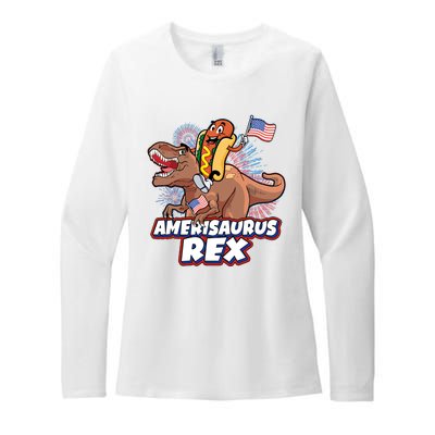 Funny Hotdog Riding Amerisaurus Rex Dinosaur Womens CVC Long Sleeve Shirt