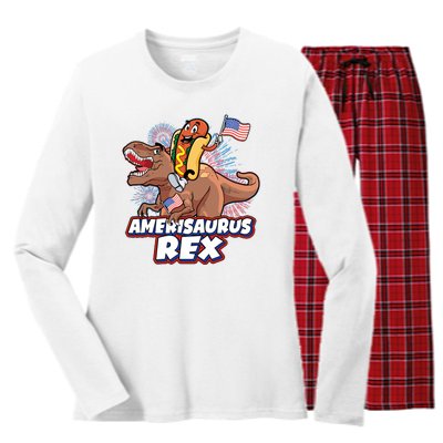 Funny Hotdog Riding Amerisaurus Rex Dinosaur Women's Long Sleeve Flannel Pajama Set 