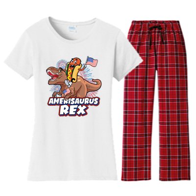 Funny Hotdog Riding Amerisaurus Rex Dinosaur Women's Flannel Pajama Set