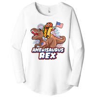 Funny Hotdog Riding Amerisaurus Rex Dinosaur Women's Perfect Tri Tunic Long Sleeve Shirt