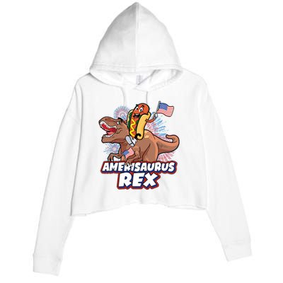 Funny Hotdog Riding Amerisaurus Rex Dinosaur Crop Fleece Hoodie