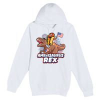 Funny Hotdog Riding Amerisaurus Rex Dinosaur Premium Pullover Hoodie