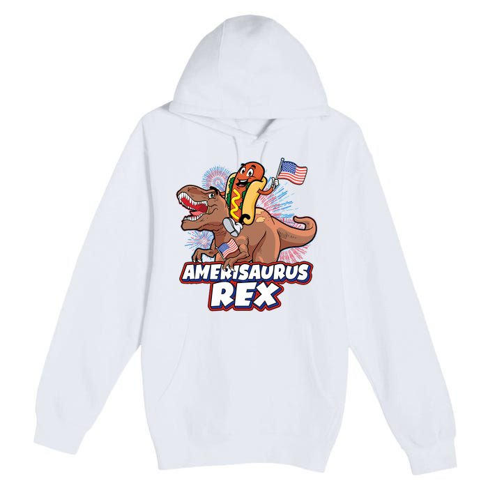 Funny Hotdog Riding Amerisaurus Rex Dinosaur Premium Pullover Hoodie