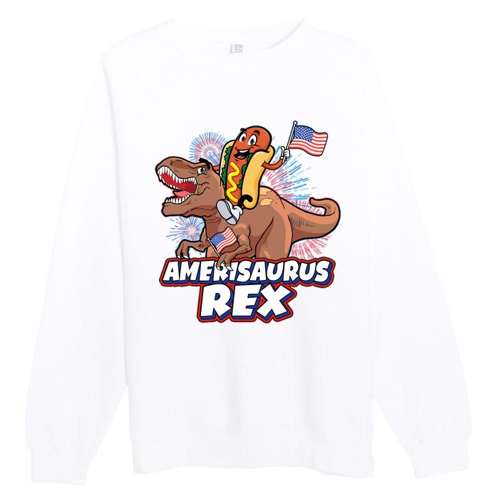 Funny Hotdog Riding Amerisaurus Rex Dinosaur Premium Crewneck Sweatshirt