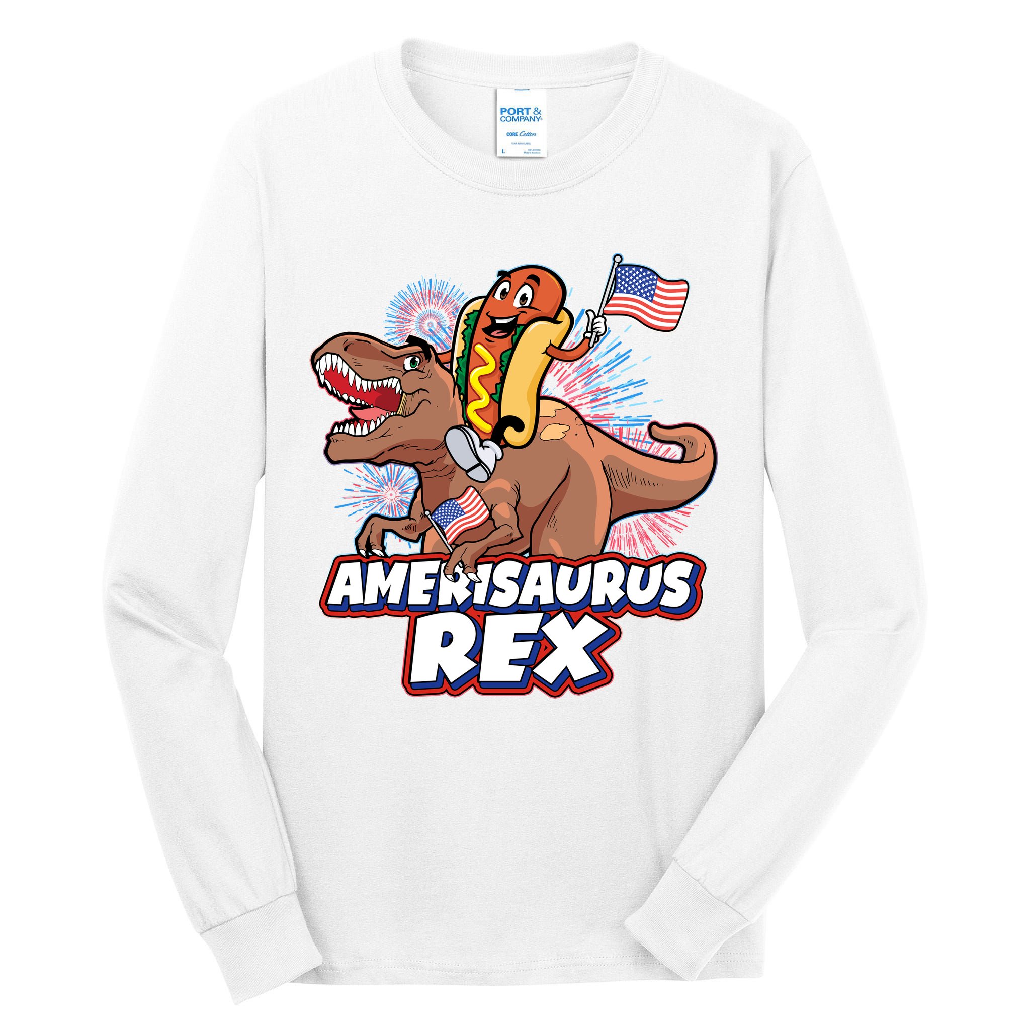 Funny Hotdog Riding Amerisaurus Rex Dinosaur Tall Long Sleeve T-Shirt