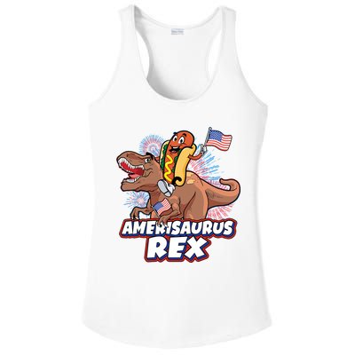 Funny Hotdog Riding Amerisaurus Rex Dinosaur Ladies PosiCharge Competitor Racerback Tank