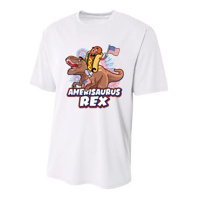 Funny Hotdog Riding Amerisaurus Rex Dinosaur Youth Performance Sprint T-Shirt