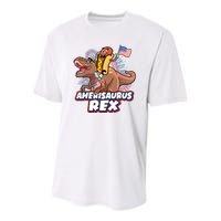 Funny Hotdog Riding Amerisaurus Rex Dinosaur Youth Performance Sprint T-Shirt