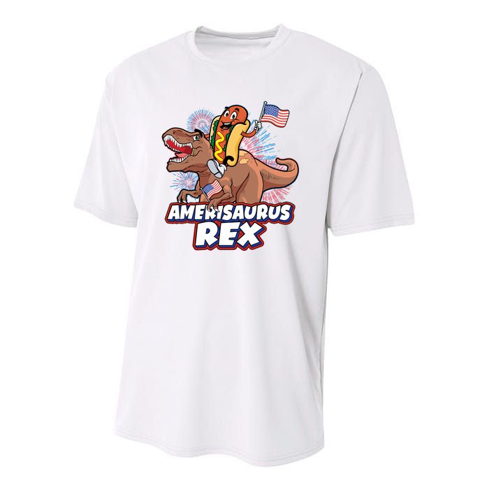 Funny Hotdog Riding Amerisaurus Rex Dinosaur Youth Performance Sprint T-Shirt