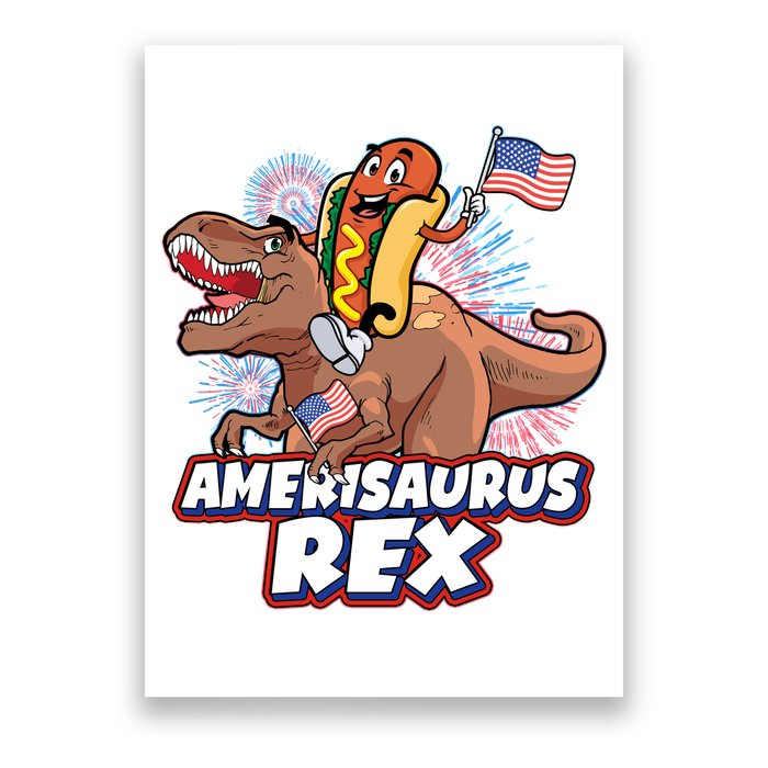 Funny Hotdog Riding Amerisaurus Rex Dinosaur Poster