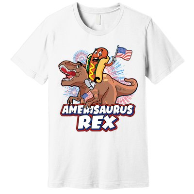 Funny Hotdog Riding Amerisaurus Rex Dinosaur Premium T-Shirt