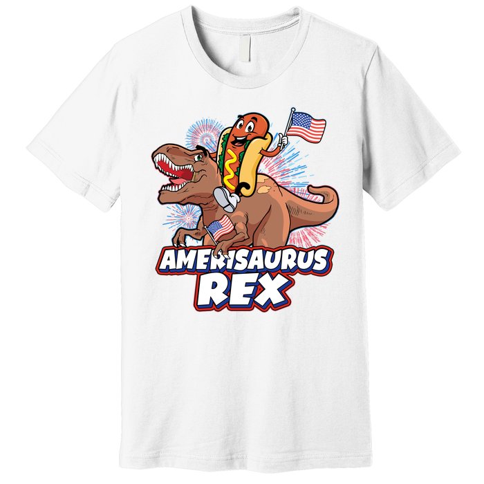 Funny Hotdog Riding Amerisaurus Rex Dinosaur Premium T-Shirt