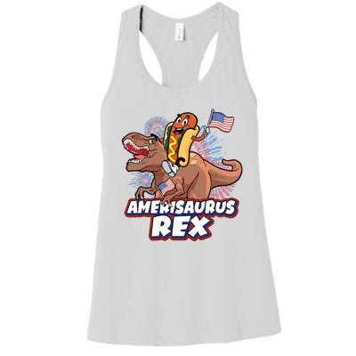 Funny Hotdog Riding Amerisaurus Rex Dinosaur Women's Racerback Tank