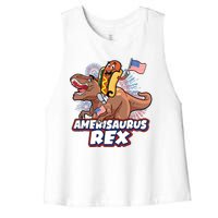 Funny Hotdog Riding Amerisaurus Rex Dinosaur Women's Racerback Cropped Tank