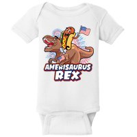 Funny Hotdog Riding Amerisaurus Rex Dinosaur Baby Bodysuit