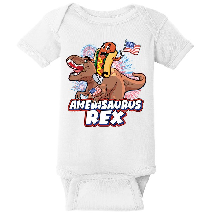 Funny Hotdog Riding Amerisaurus Rex Dinosaur Baby Bodysuit