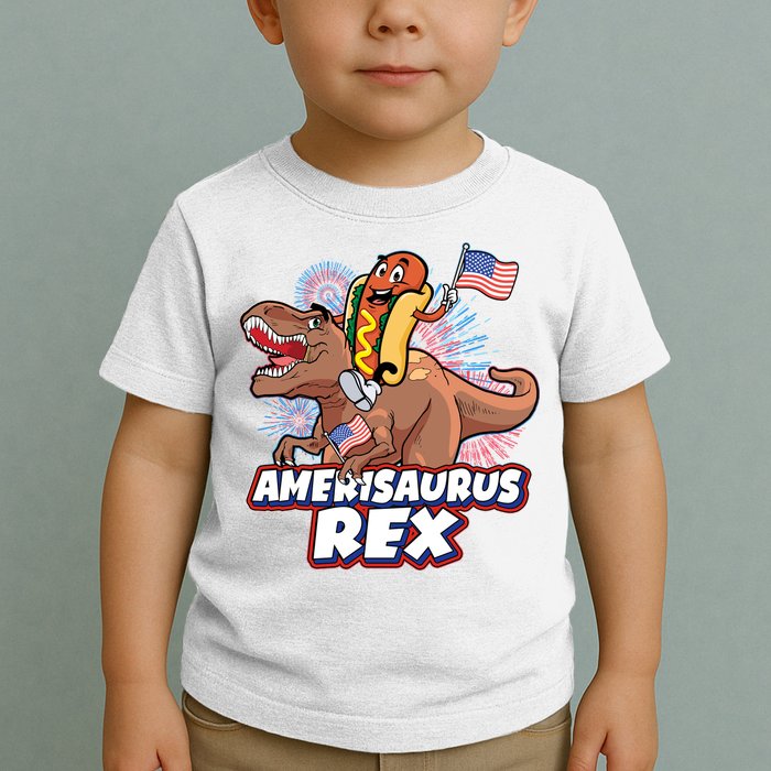 Funny Hotdog Riding Amerisaurus Rex Dinosaur Toddler T-Shirt