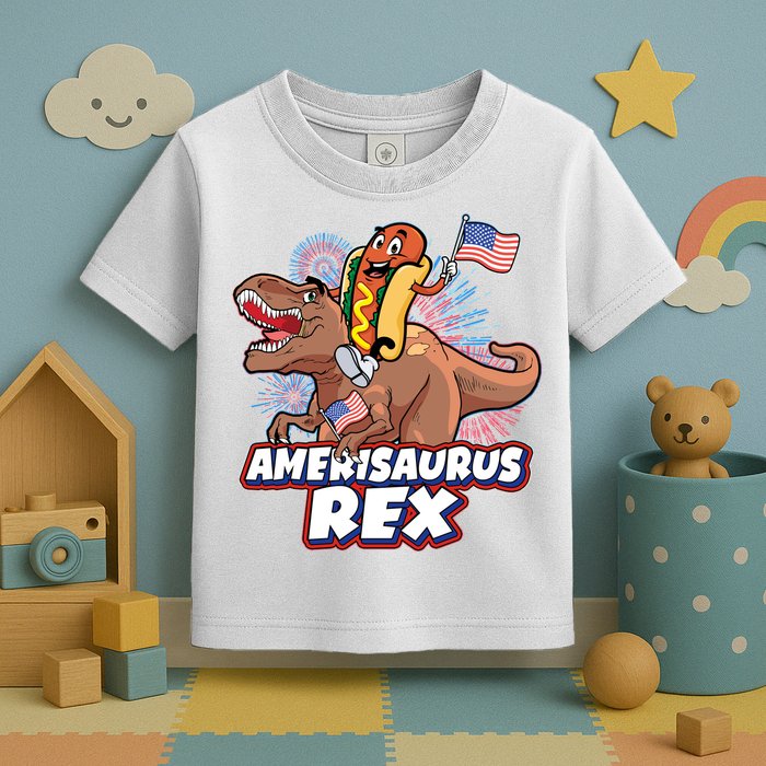 Funny Hotdog Riding Amerisaurus Rex Dinosaur Toddler T-Shirt