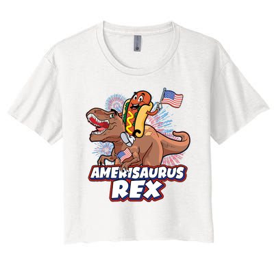 Funny Hotdog Riding Amerisaurus Rex Dinosaur Women's Crop Top Tee