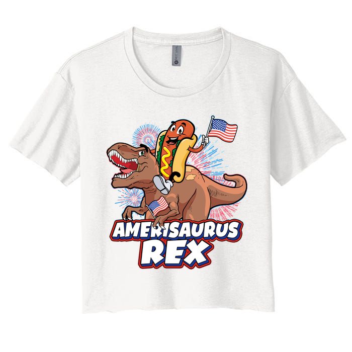 Funny Hotdog Riding Amerisaurus Rex Dinosaur Crop Top