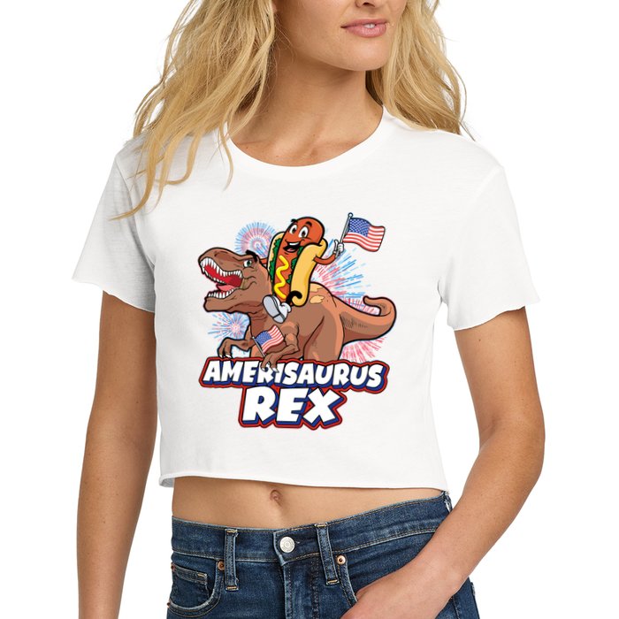 Funny Hotdog Riding Amerisaurus Rex Dinosaur Crop Top