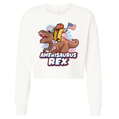 Funny Hotdog Riding Amerisaurus Rex Dinosaur Cropped Pullover Crew