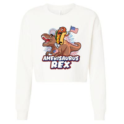 Funny Hotdog Riding Amerisaurus Rex Dinosaur Cropped Pullover Crew